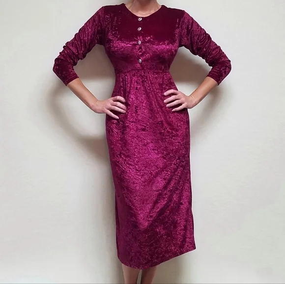80s Vintage Cervelle Burgundy Crushed Velvet Regencycore Long Sleeve Midi Dress - Picture 2 of 13